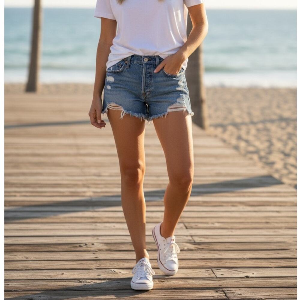 Levi's 501 Original Raw Hem Distressed Cut Off Denim Shorts Light Wash W28